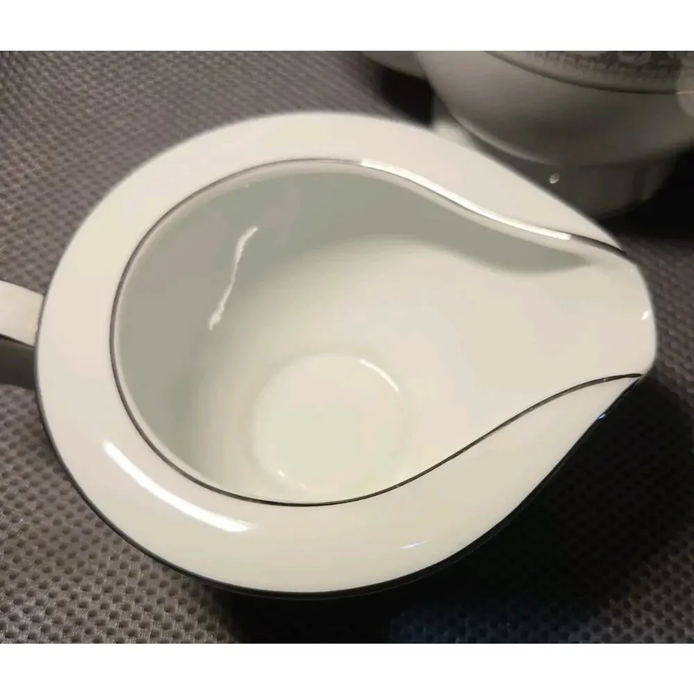Noritake China Naples 6975 Tea Pot Sugar Bowl And Creamer White Gray Trim